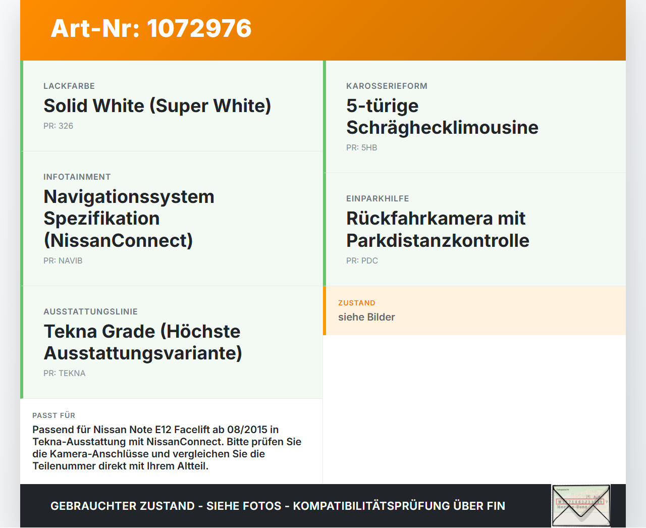 Nissan Note E12 13-17 1,5 66KW Kamera Rückfahrkamera Sensor Nissan Note E12 13-17 25.02.2016 284423VA0B VCB-N506I... Vorschau 3