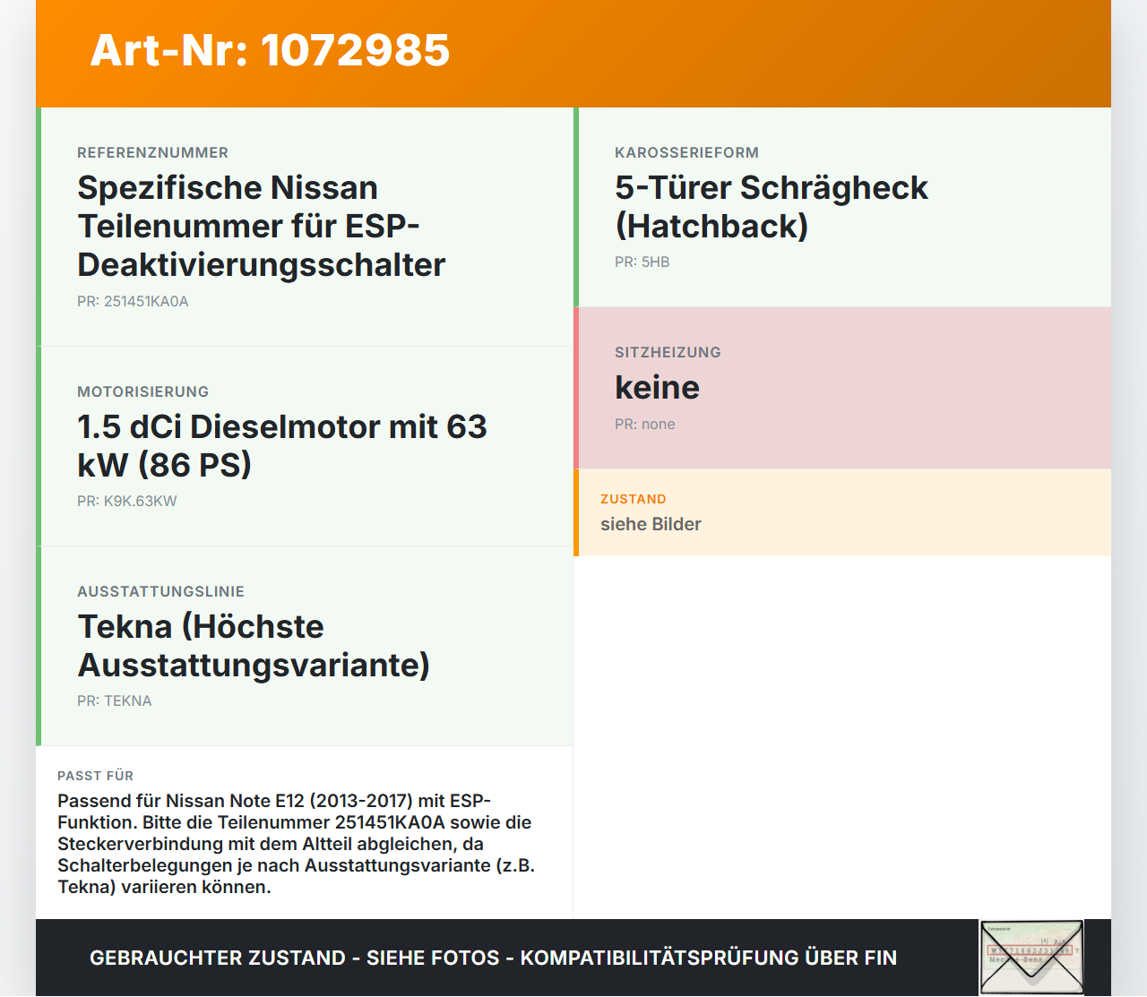 Nissan Note E12 13-17 ESP OFF Schalter Nissan Note E12 13-17 25.02.2016 251451KA0A 08349-A 51110A gebraucht Vorschau 3