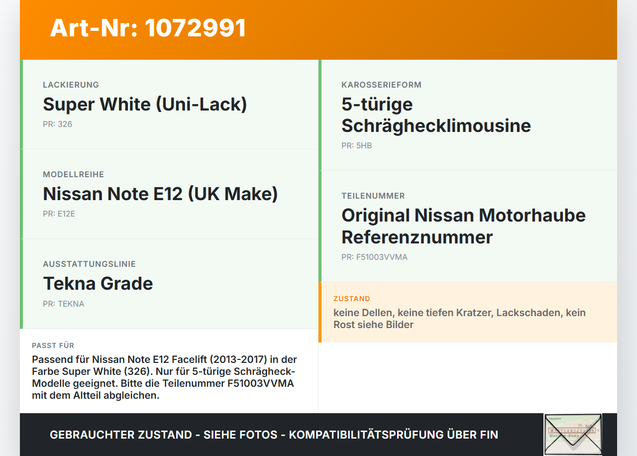 Nissan Note E12 13-17 Motorhaube Frontklappe Haube 326 Nissan Note E12 13-17 25.02.2016 F51003VVMA gebraucht Vorschau 3
