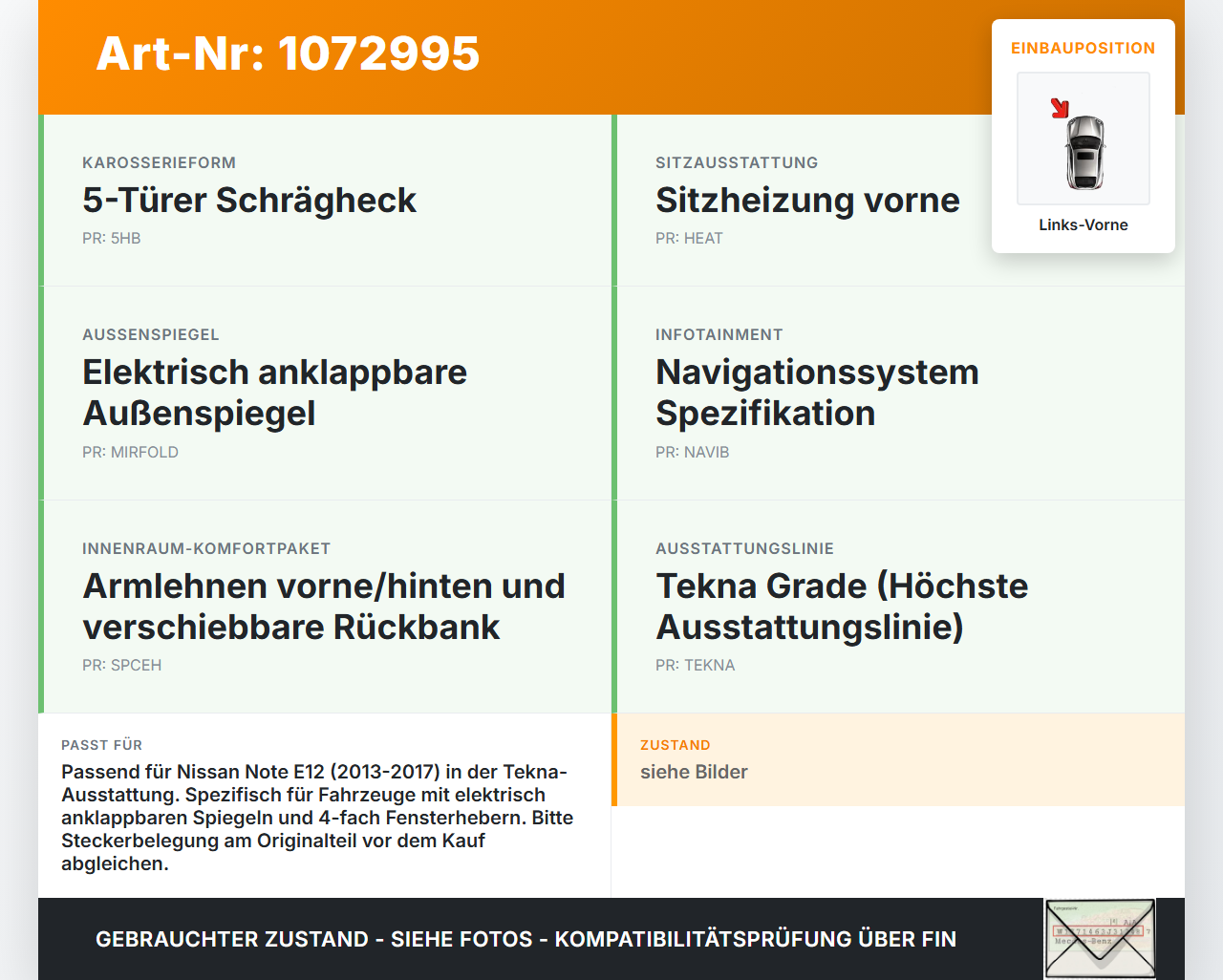 Nissan Note E12 13-17 5T Kabelbaum Tür und Fensterheber Links Vorne Nissan Note E12 13-17 25.02.2016 241253VV3A... Vorschau 3