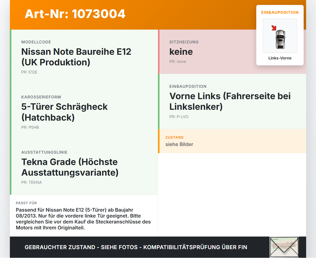 Nissan Note E12 13-17 5T Fensterhebermotor mit Fensterheber Links Vorne Nissan Note E12 13-17 25.02.2016 807211HB0A... Vorschau 3