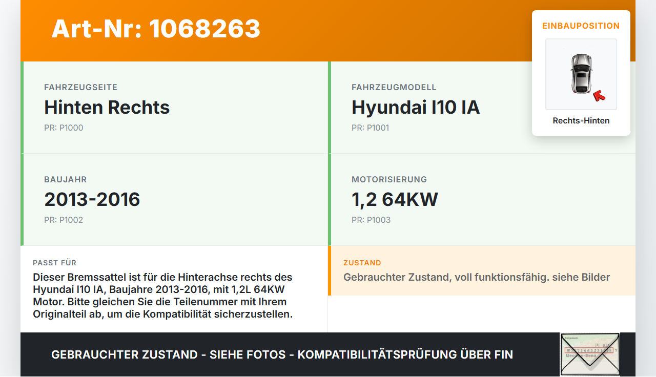 Hyundai I10 IA 13-16 1,2 64KW Bremssattel Bremszange Hinten Rechts Hyundai I10 IA 13-16 30.12.2015 gebraucht Vorschau 3