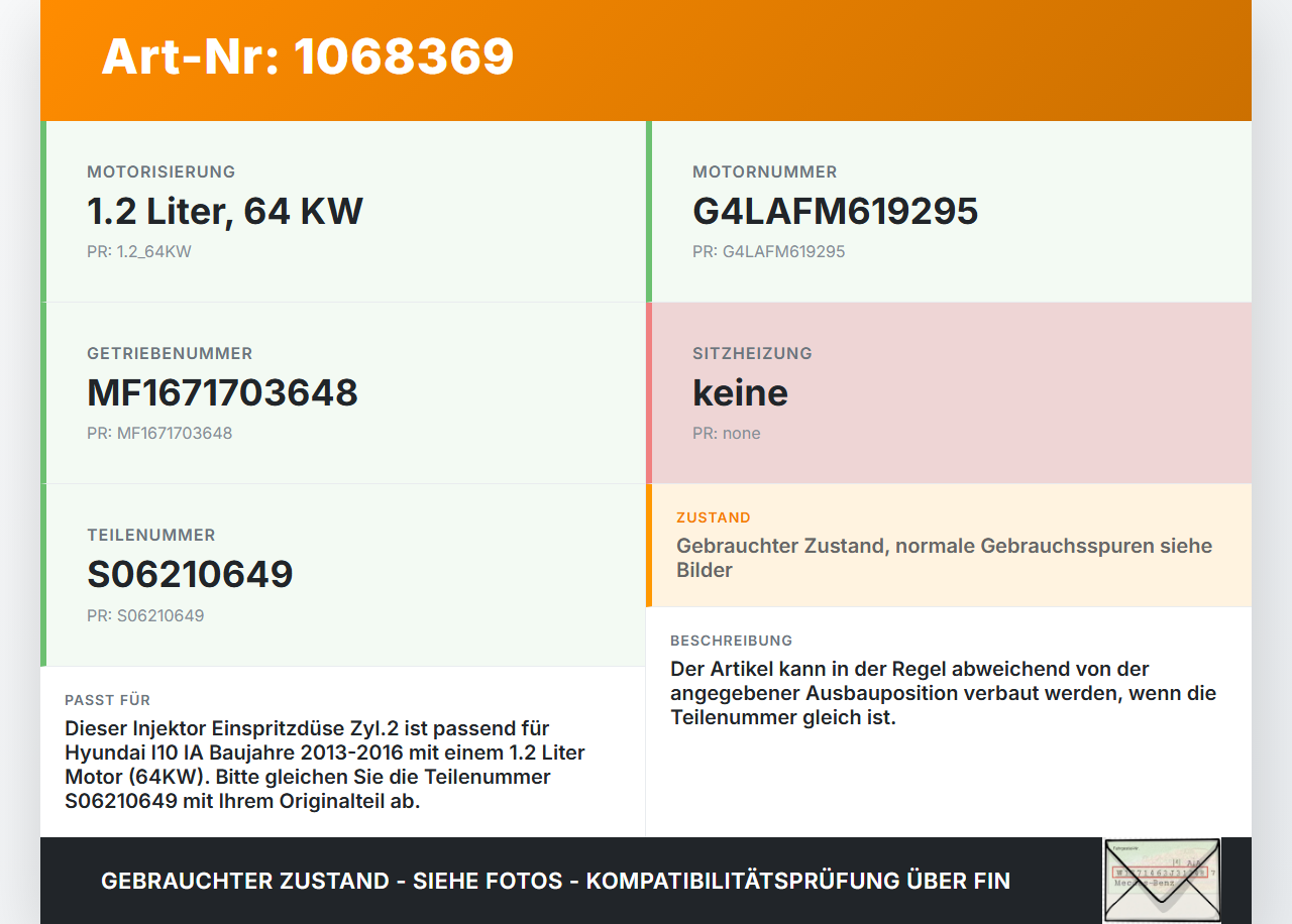 Hyundai I10 IA 13-16 1,2 64KW Injektor Einspritzdüse Zyl.2 Hyundai I10 IA 13-16 30.12.2015 35310-04000 gebraucht Vorschau 3