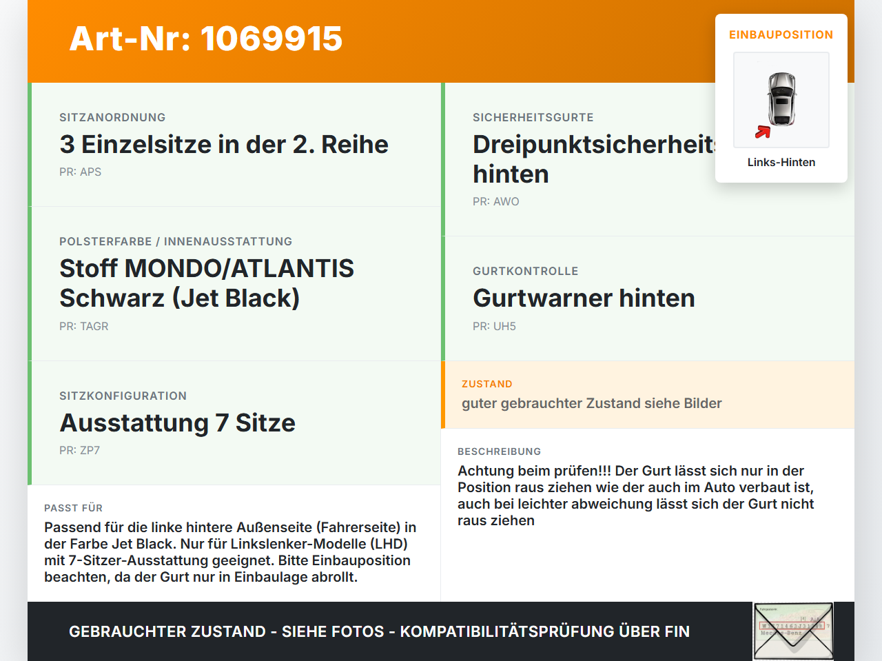 Opel Zafira Tourer P12 16-19 Mehrzweckfahrzeug Gurt Sicherheitsgurt Links Hinten Opel Zafira Tourer P12 16-19... Vorschau 3