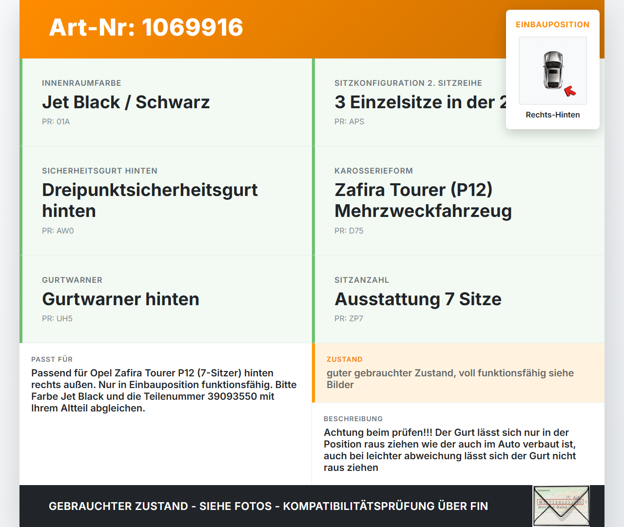 Opel Zafira Tourer P12 16-19 Mehrzweckfahrzeug Gurt Sicherheitsgurt Rechts Hinten Opel Zafira Tourer P12 16-19... Vorschau 3