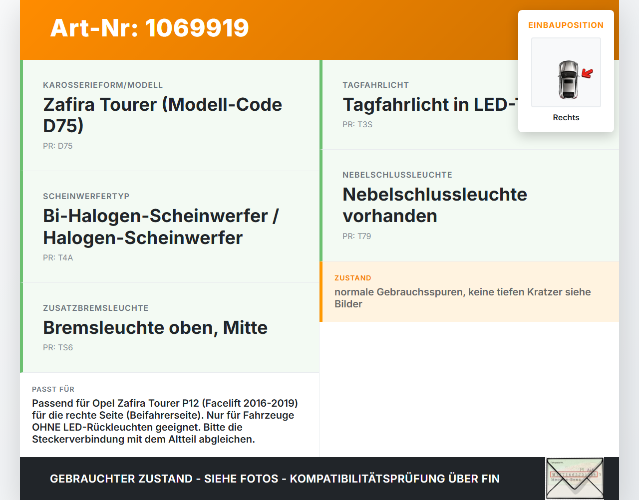 Opel Zafira Tourer P12 16-19 Mehrzweckfahrzeug Rückleuchte Rücklicht Heckleuchte Rechts orig Opel Zafira Tourer P12... Vorschau 3