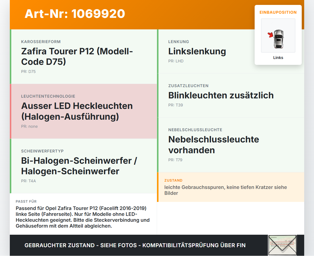Opel Zafira Tourer P12 16-19 Mehrzweckfahrzeug Rückleuchte Rücklicht Heckleuchte Links orig Opel Zafira Tourer P12... Vorschau 3