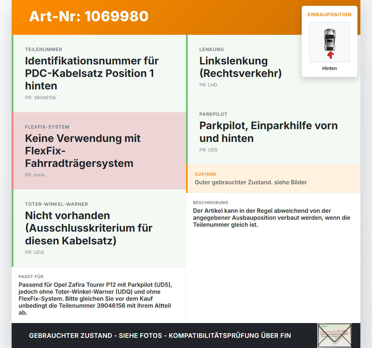 Opel Zafira Tourer P12 16-19 PDC Kabelbaum Pos.1 Hinten Opel Zafira Tourer P12 16-19 20.12.2016 39046156 gebraucht Vorschau 3