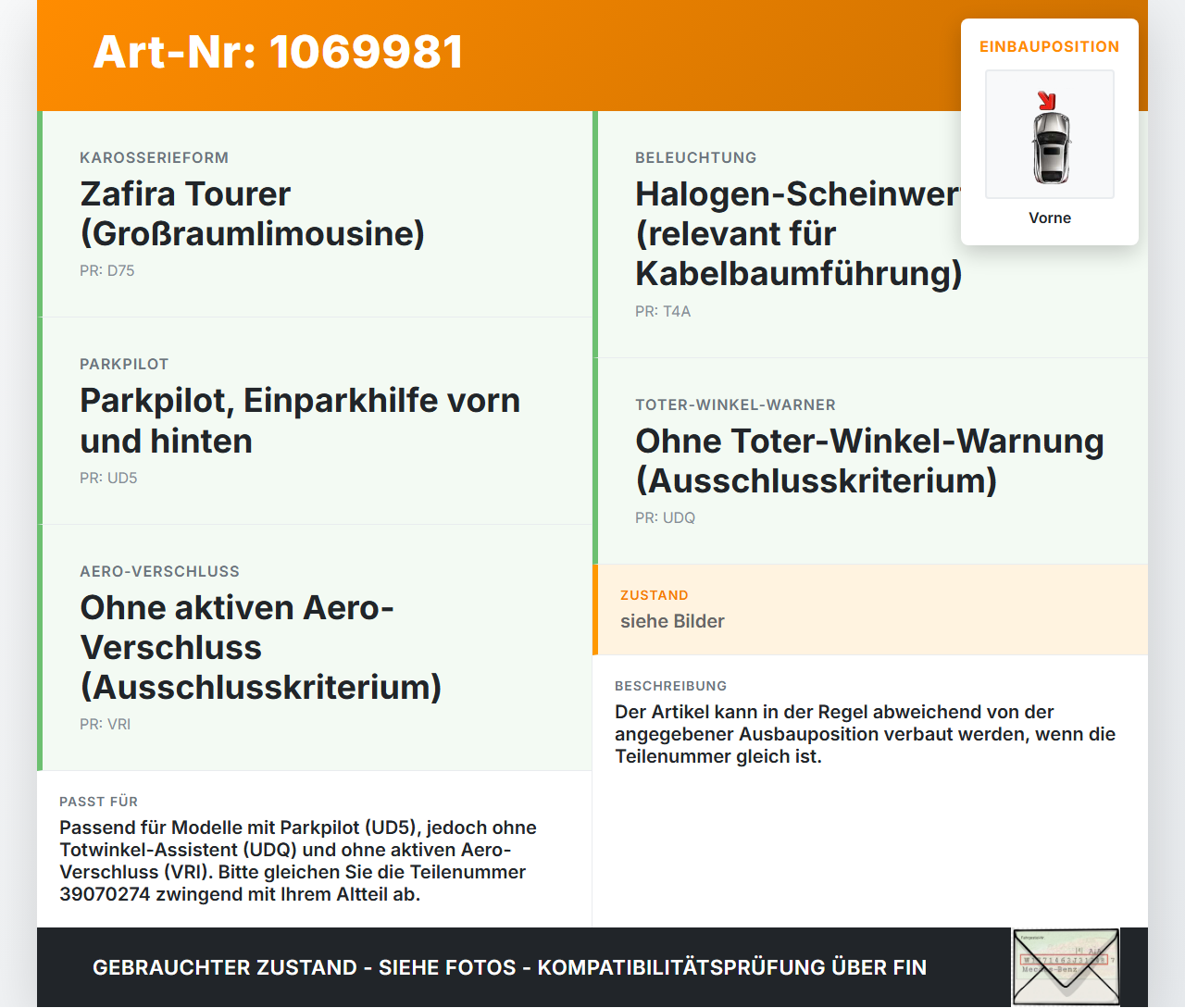 Opel Zafira Tourer P12 16-19 PDC Kabelbaum Leitungssatz Vorne Opel Zafira Tourer P12 16-19 20.12.2016 39070274 gebraucht Vorschau 3