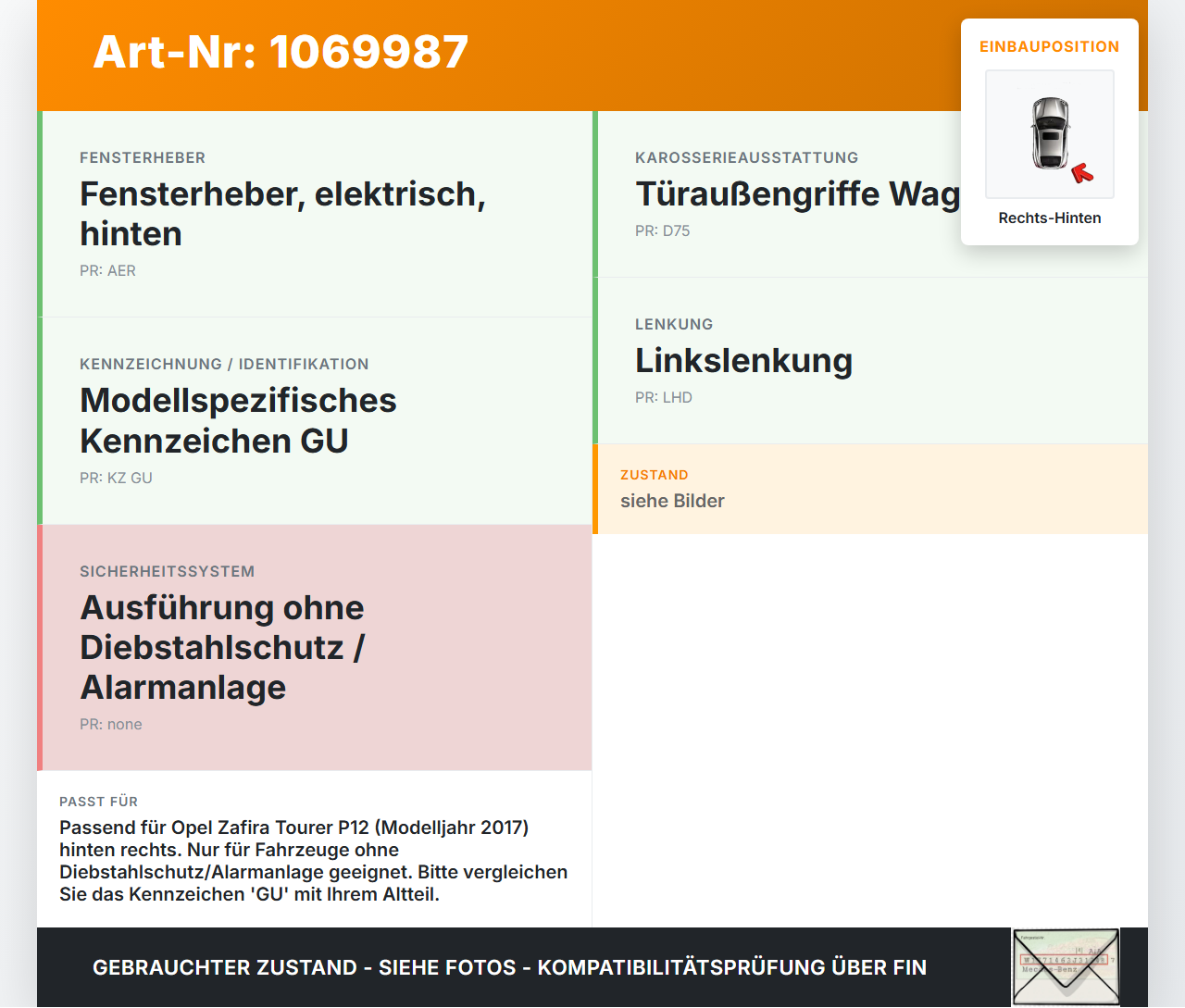 Opel Zafira Tourer P12 16-19 Mehrzweckfahrzeug Türschloss m. ZV Stellmotor Rechts Hinten Opel Zafira Tourer P12... Vorschau 3
