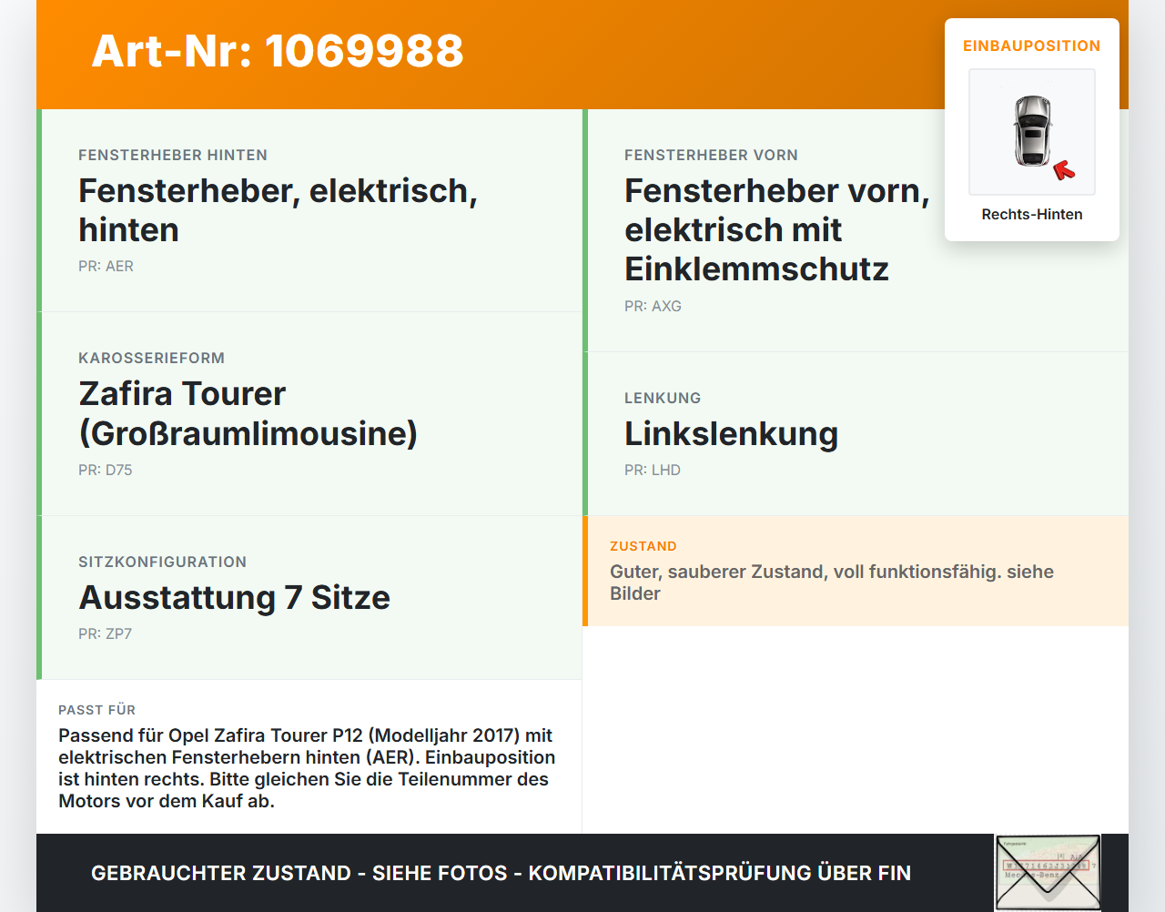 Opel Zafira Tourer P12 16-19 Mehrzweckfahrzeug Fensterhebermotor mit Fensterheber Rechts Hinten Opel Zafira Tourer... Vorschau 3