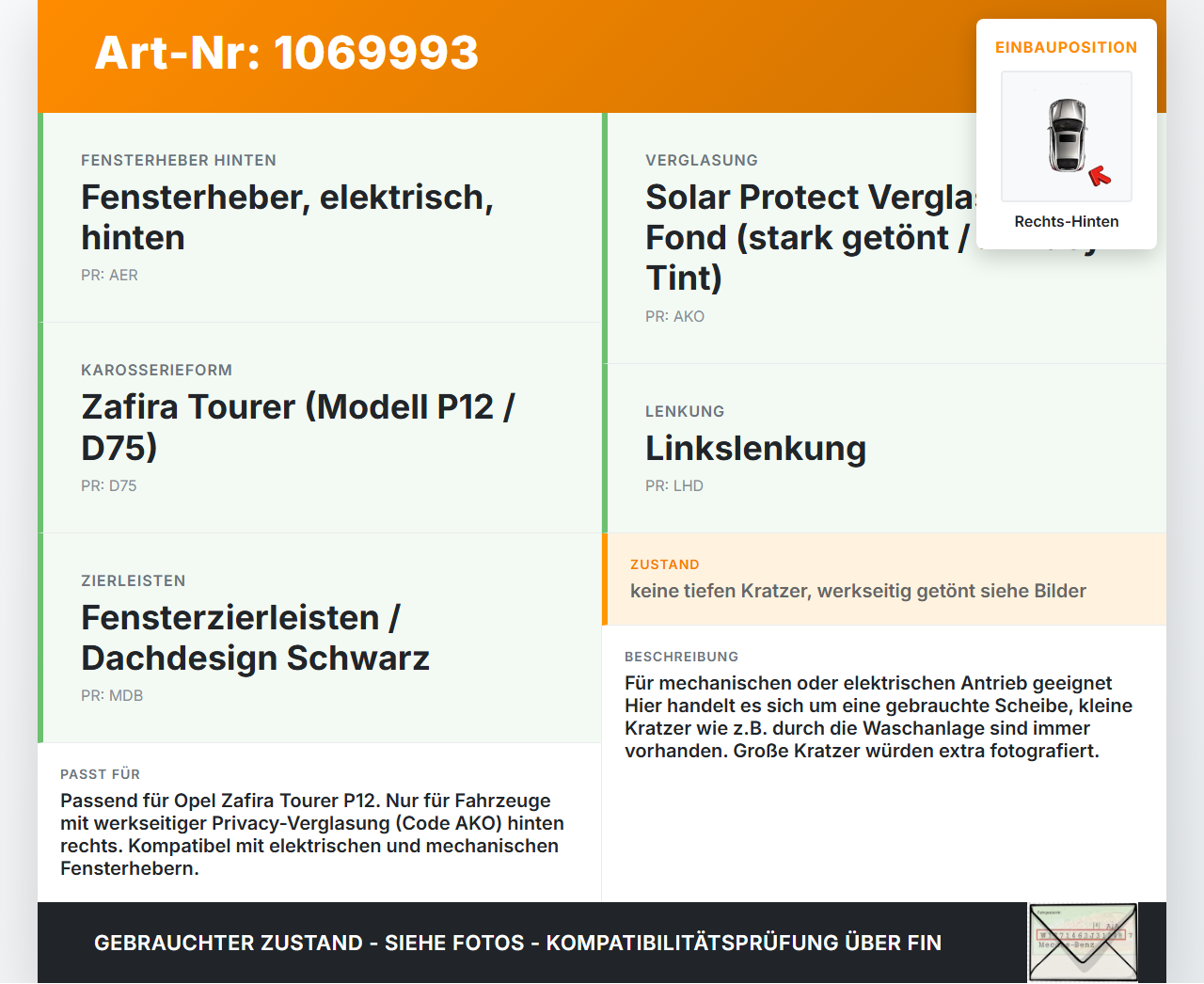 Opel Zafira Tourer P12 16-19 Mehrzweckfahrzeug Seitenscheibe RHK Türscheibe Rechts Hinten Orig. getönt Opel Zafira... Vorschau 3