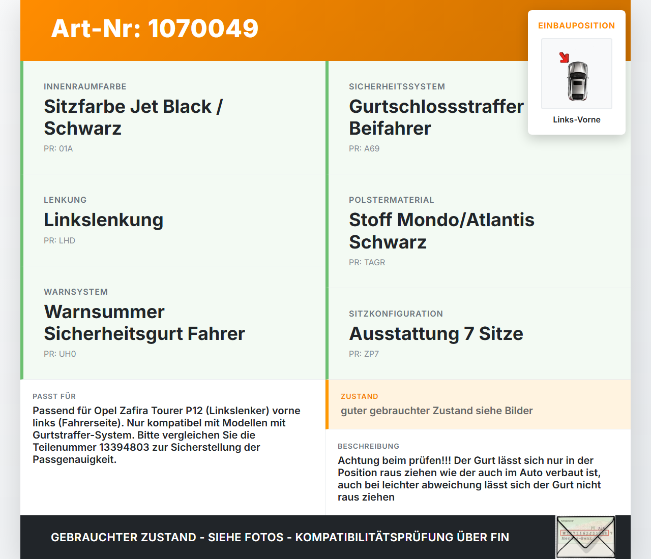 Opel Zafira Tourer P12 16-19 Mehrzweckfahrzeug Gurt Sicherheitsgurt m. Gurtstraffer Fahrer Links Vorne Opel Zafira... Vorschau 3