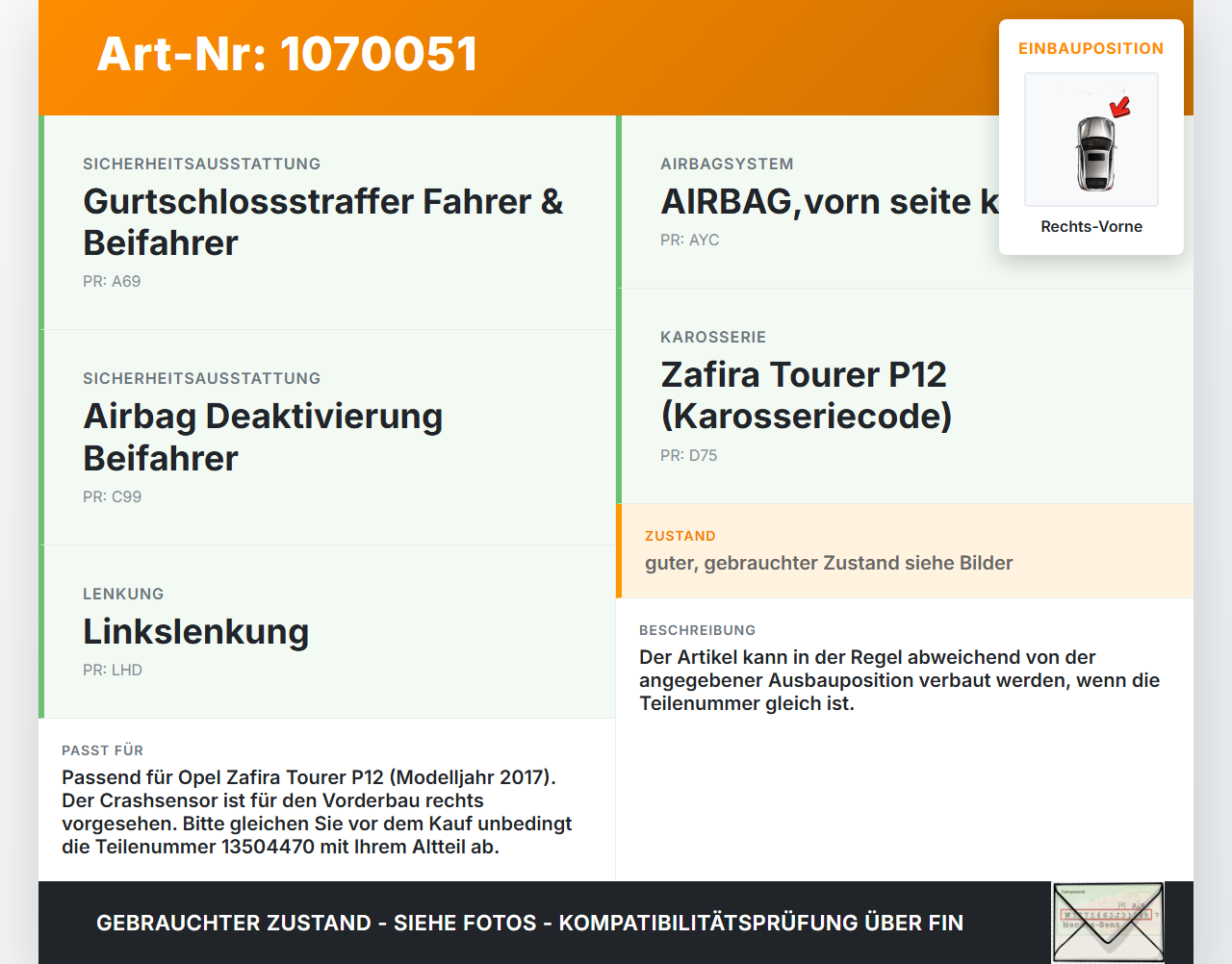Opel Zafira Tourer P12 16-19 Sensor für Airbag Crashsensor Airbagsensor Rechts Vorne Opel Zafira Tourer P12 16-19... Vorschau 3