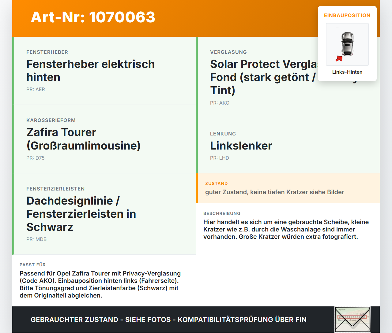 Opel Zafira Tourer P12 16-19 Mehrzweckfahrzeug Seitenscheibe Dreiecksscheibe Tür- Scheibe Hinten Links Getönt Opel... Vorschau 3