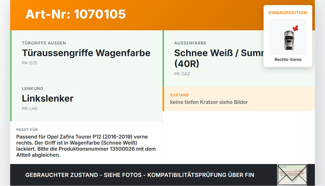 Opel Zafira Tourer P12 16-19 Mehrzweckfahrzeug Türgriff Griff aussen Rechts Vorne GAZ Opel Zafira Tourer P12 16-19... Vorschau 3
