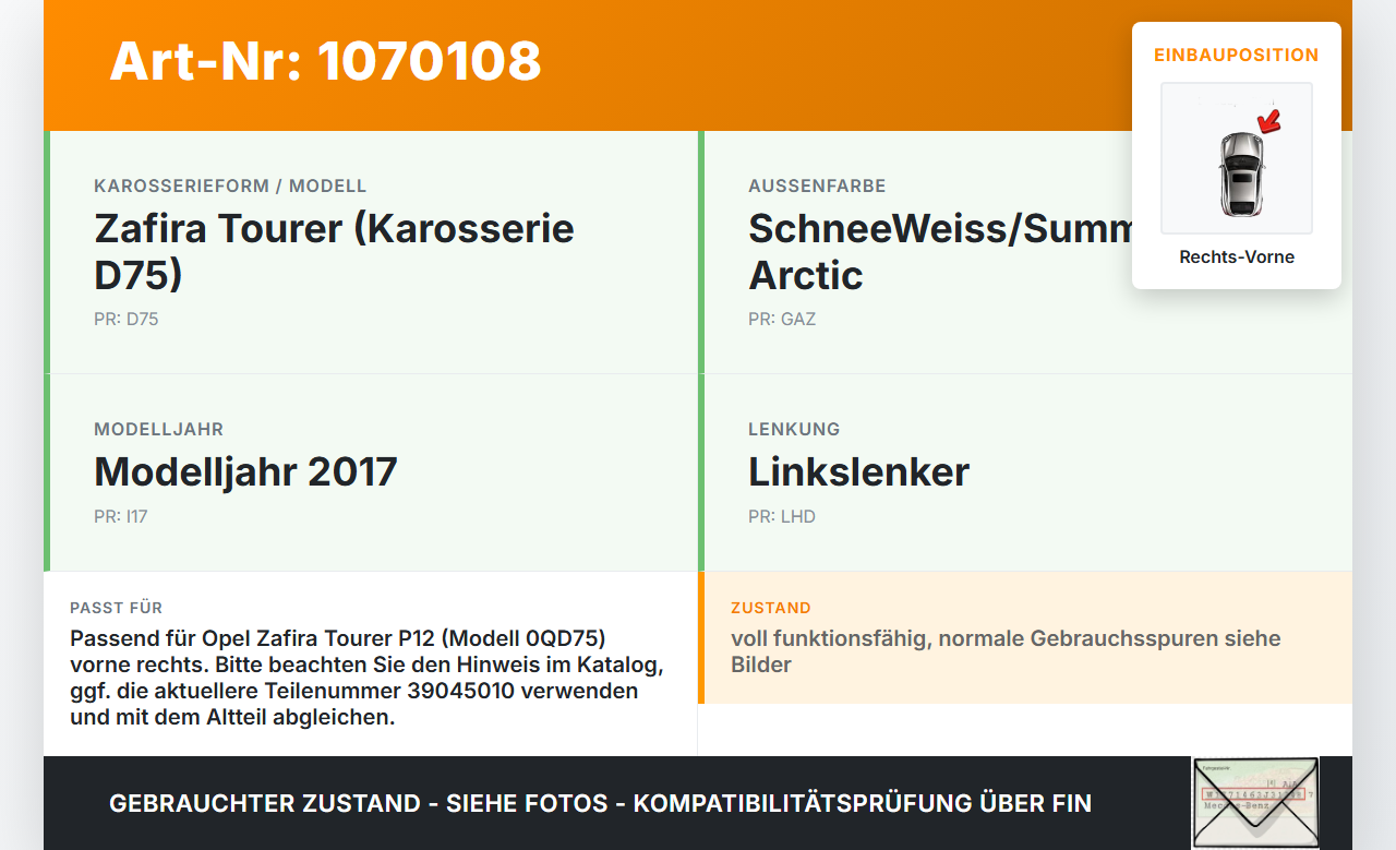 Opel Zafira Tourer P12 16-19 Mehrzweckfahrzeug Türfangband Türbremse Türanschlag Rechts Vorne Opel Zafira Tourer... Vorschau 3