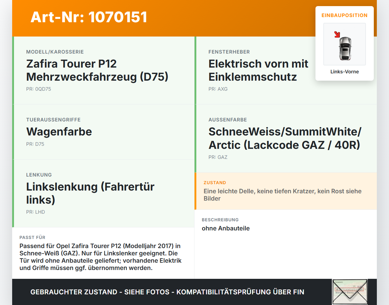 Opel Zafira Tourer P12 16-19 Mehrzweckfahrzeug Tür Fahrertür Links Vorne GAZ Opel Zafira Tourer P12 16-19... Vorschau 3