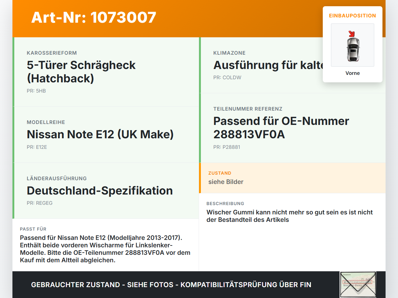 Nissan Note E12 13-17 2x Scheibenwischer Wischarm Vorne Nissan Note E12 13-17 25.02.2016 288813VF0A gebraucht Vorschau 3