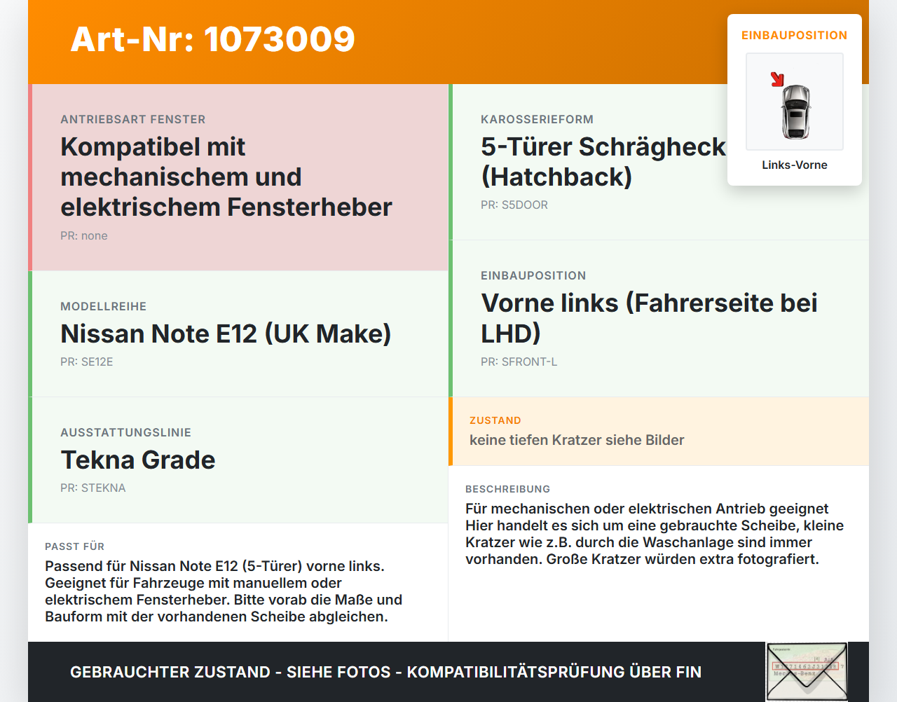 Nissan Note E12 13-17 5T LVK Seitenscheibe für Tür Fenster Türscheibe Links Vorne Nissan Note E12 13-17 25.02.2016... Vorschau 3