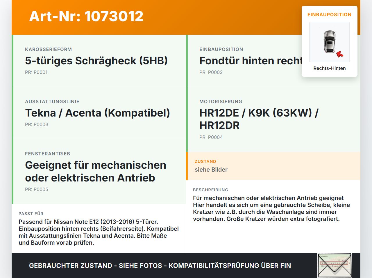 Nissan Note E12 13-17 5T Seitenscheibe RHK Türscheibe Rechts Hinten Nissan Note E12 13-17 25.02.2016 807291HB0A... Vorschau 3