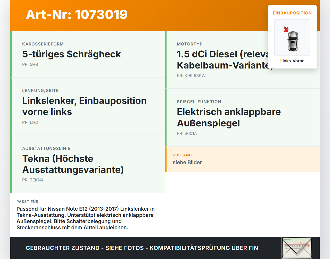 Nissan Note E12 13-17 5T Fensterheberschalter Schalter Links Vorne Nissan Note E12 13-17 25.02.2016 254013VV0B gebraucht Vorschau 3