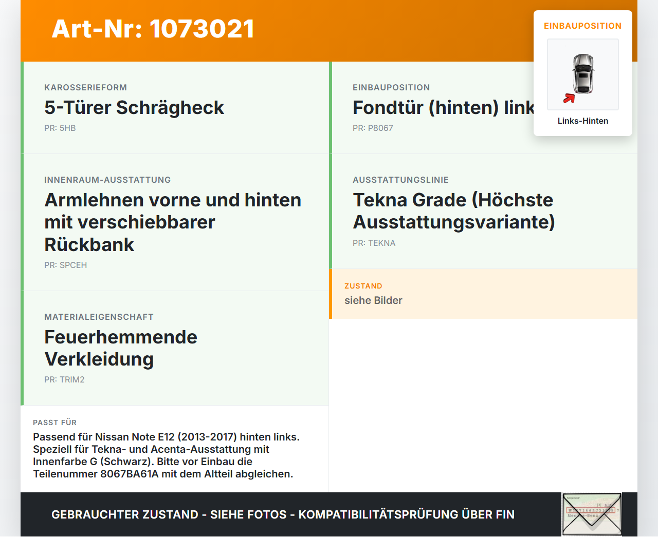Nissan Note E12 13-17 5T Türgriff Griffmuschel Griff Innen Links Hinten Nissan Note E12 13-17 25.02.2016 80671BA61A... Vorschau 3