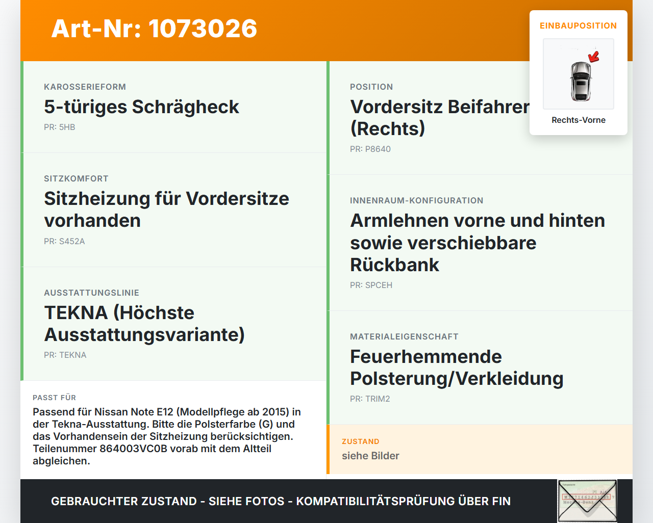 Nissan Note E12 13-17 5T Kopfstütze für Beifahrer Sitz Rechts Vorne Nissan Note E12 13-17 25.02.2016 864003VC0B... Vorschau 3