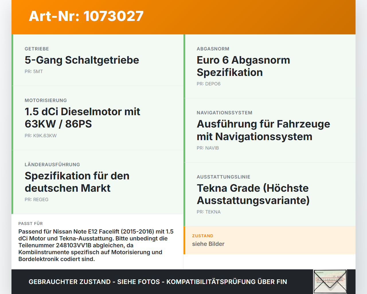 Nissan Note E12 13-17 1,5 66KW Kombiinstrument Tacho Nissan Note E12 13-17 25.02.2016 248103VV1B VPCASF-10849-EP... Vorschau 3