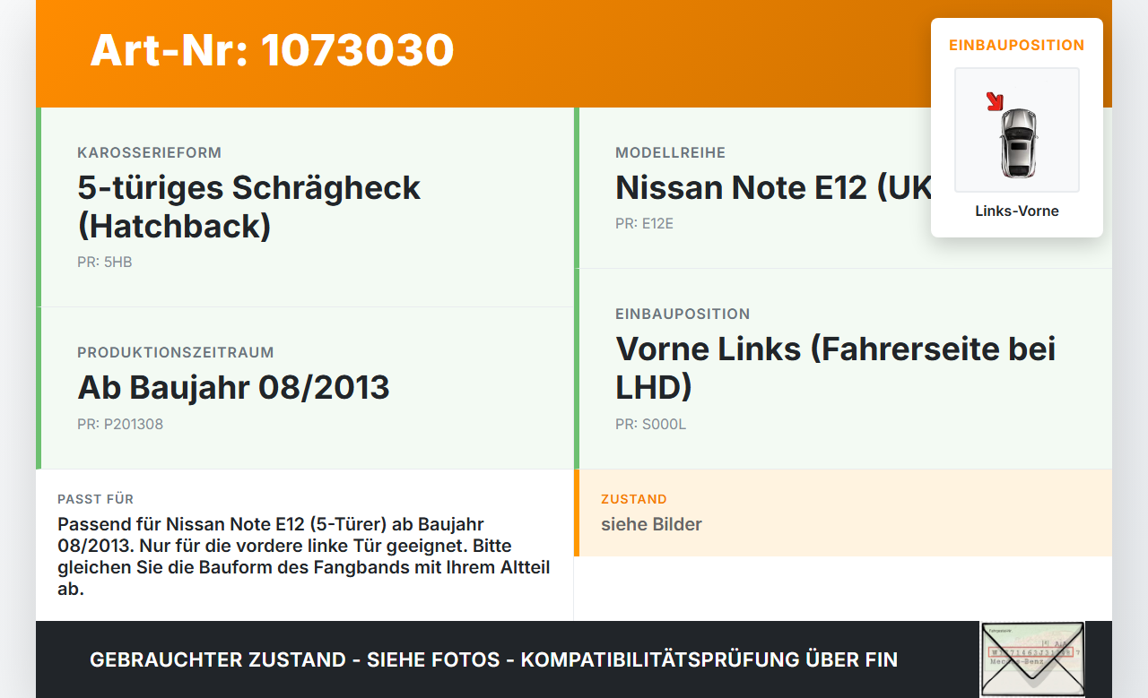 Nissan Note E12 13-17 5T Türfangband Türbremse Türanschlag Links Vorne Nissan Note E12 13-17 25.02.2016 804303VV0A... Vorschau 3