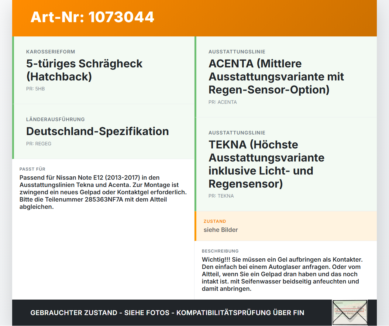 Nissan Note E12 13-17 Regensensor Nissan Note E12 13-17 25.02.2016 285363NF7A 6PW011465-00 gebraucht Vorschau 3