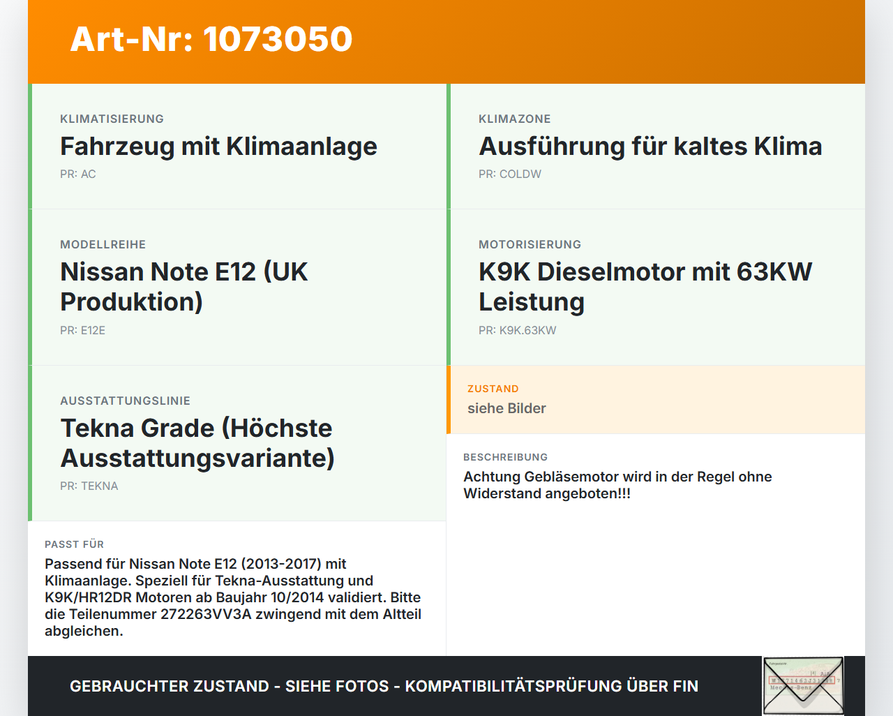 Nissan Note E12 13-17 Gebläsemotor Lüftermotor Heizungsgebläse Nissan Note E12 13-17 25.02.2016 272263VV3A 2492070... Vorschau 3