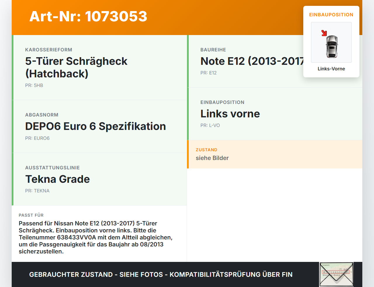 Nissan Note E12 13-17 Verkleidung Radhausschale Links Vorne für Kotflügel Nissan Note E12 13-17 25.02.2016... Vorschau 3