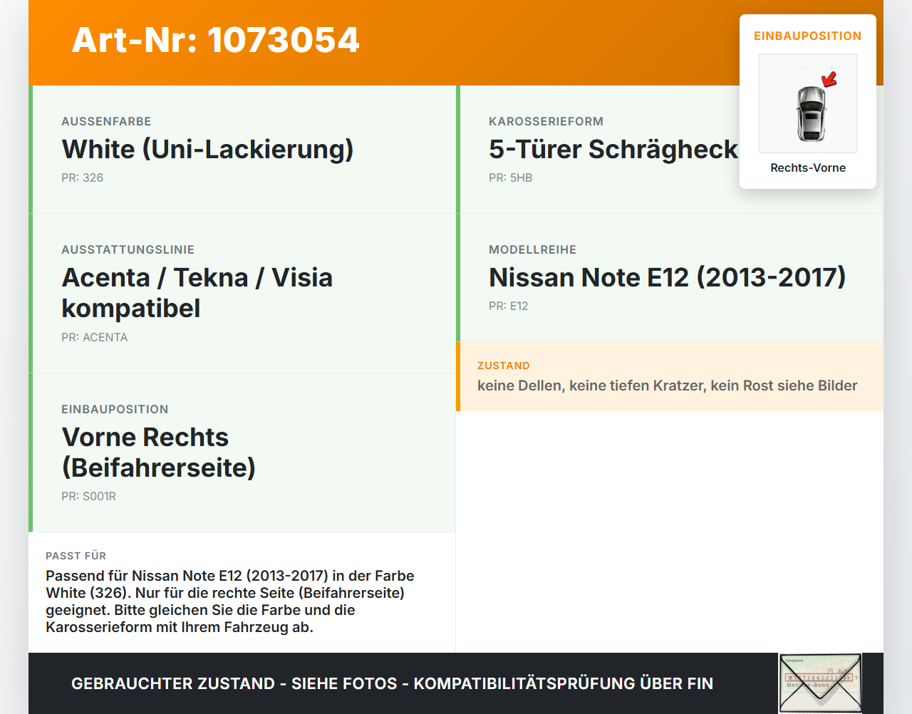 Nissan Note E12 13-17 Kotflügel Rechts Vorne 326 Nissan Note E12 13-17 25.02.2016 0145100891 gebraucht Vorschau 3