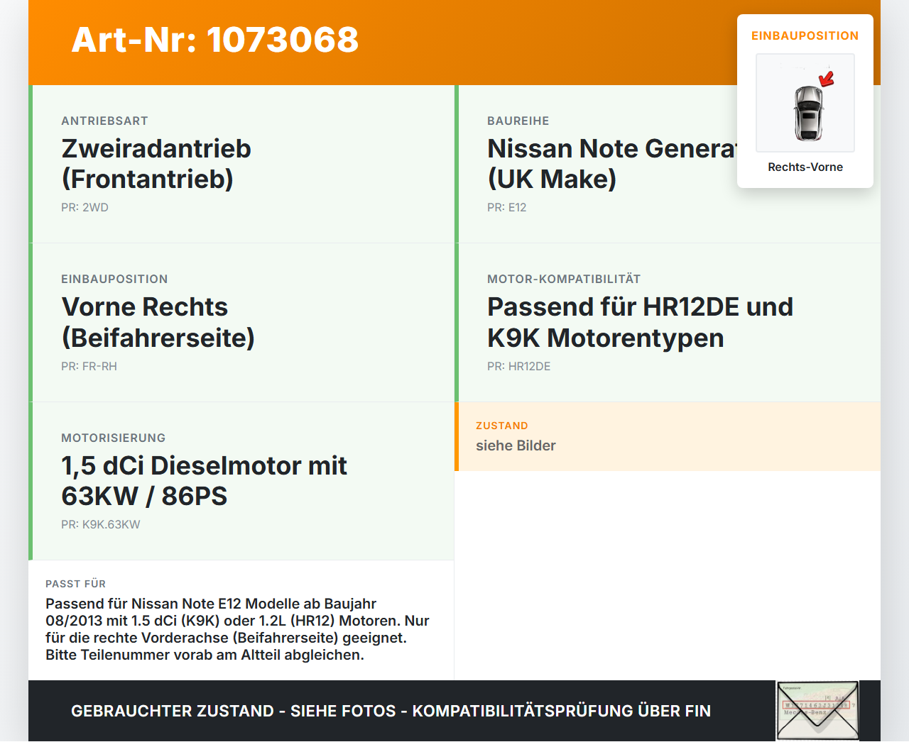 Nissan Note E12 13-17 1,5 66KW Bremssattel Bremszange Vorne Rechts Nissan Note E12 13-17 25.02.2016 410011HA0A gebraucht Vorschau 3