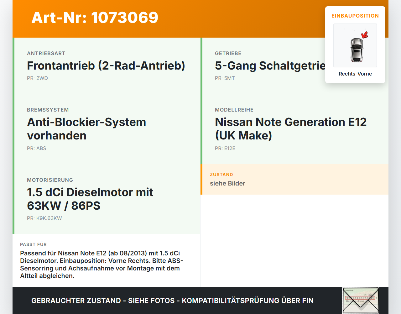 Nissan Note E12 13-17 1,5 66KW Achsschenkel Radnabe mit ABS Rechts Vorne Nissan Note E12 13-17 25.02.2016... Vorschau 3