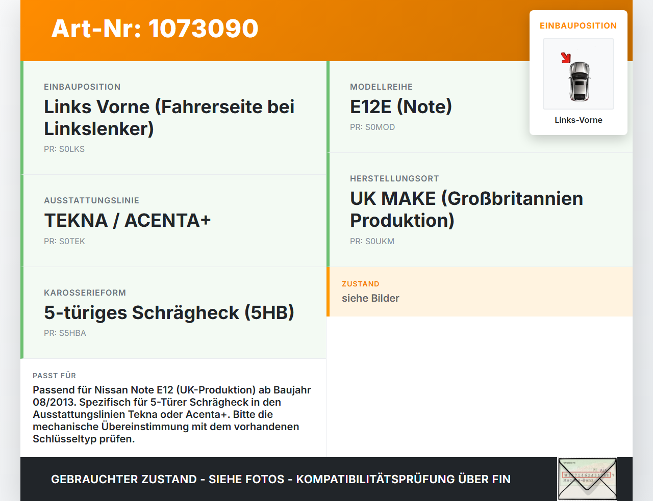 Nissan Note E12 13-17 5T Schließzylinder Türschloss mit 1x Schlüssel Links Vorne Nissan Note E12 13-17 25.02.2016... Vorschau 3
