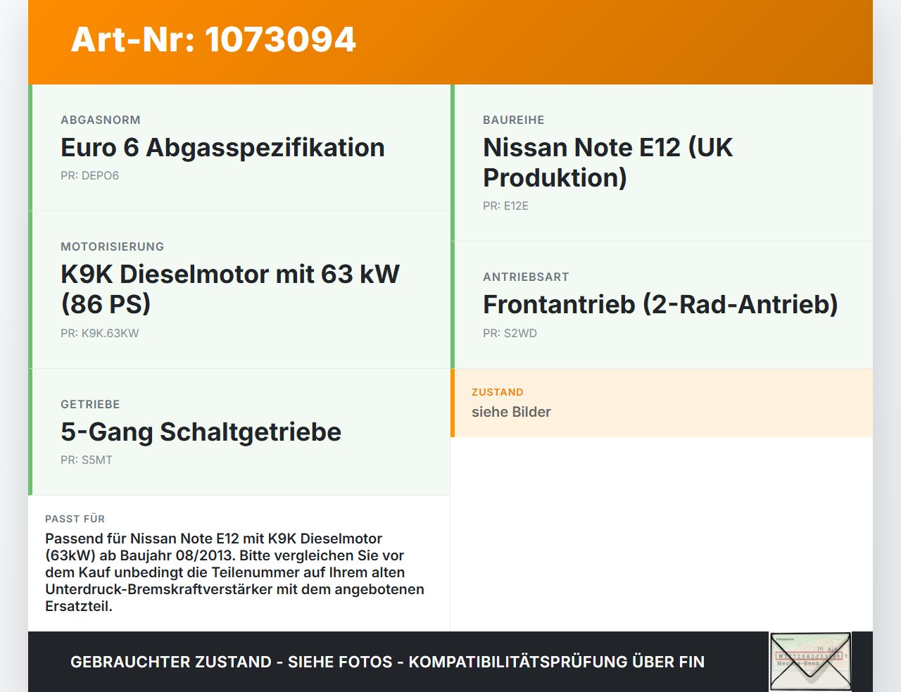 Nissan Note E12 13-17 1,5 66KW Bremskraftverstärker BKV Unterdruck-Bremskraftverstärker Nissan Note E12 13-17... Vorschau 3