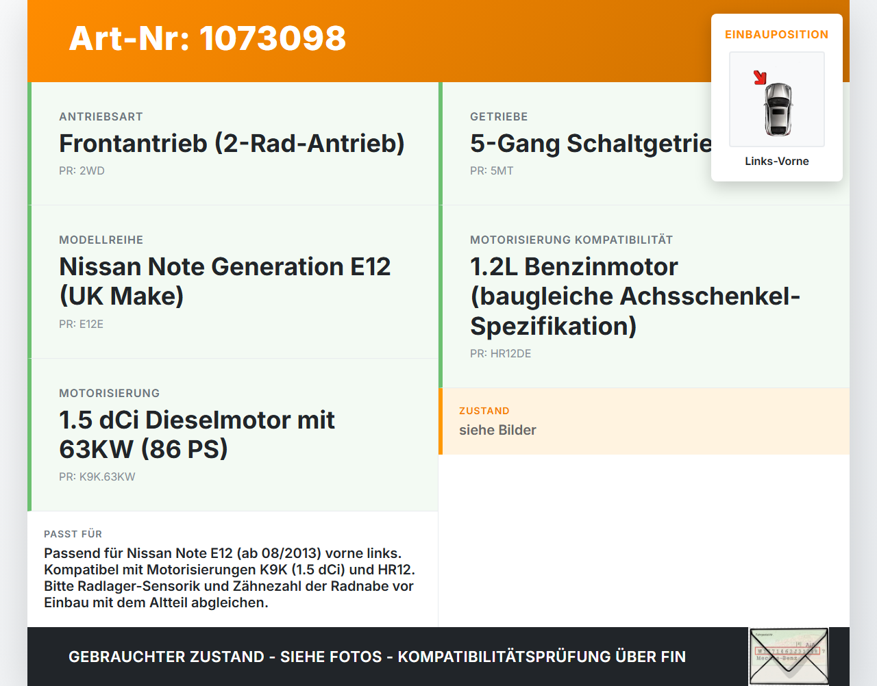 Nissan Note E12 13-17 1,5 66KW Achsschenkel Radnabe Radlager Links Vorne Nissan Note E12 13-17 25.02.2016... Vorschau 3