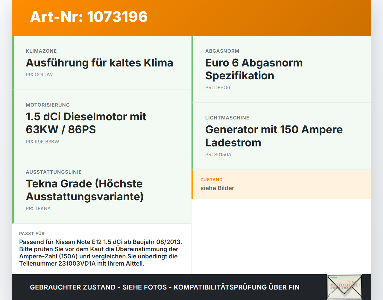 Nissan Note E12 13-17 1,5 66KW Lichtmaschine Generator 12V 150A Nissan Note E12 13-17 25.02.2016 231003VD1A... Vorschau 3