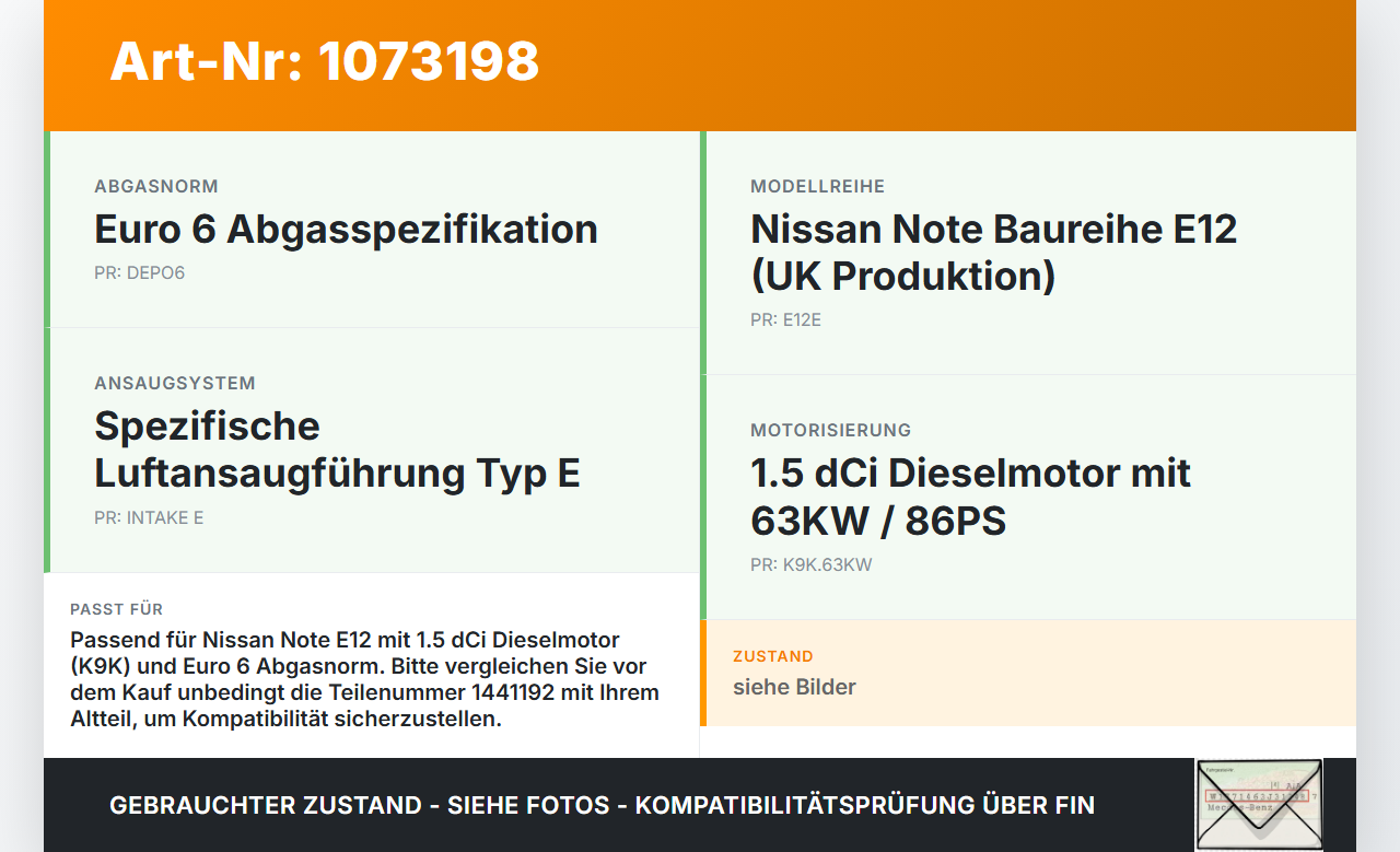 Nissan Note E12 13-17 1,5 66KW K9K Turbolader Turbo Abgasturbolader Nissan Note E12 13-17 25.02.2016 1441100Q3J... Vorschau 3