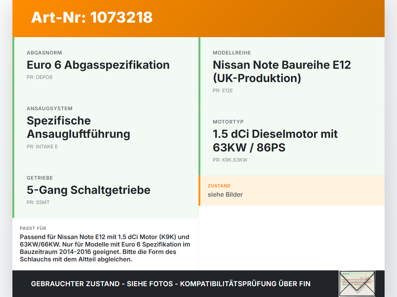 Nissan Note E12 13-17 1,5 66KW Turboschlauch Ladeluftschlauch Schlauch Nissan Note E12 13-17 25.02.2016 144603VD2A... Vorschau 3