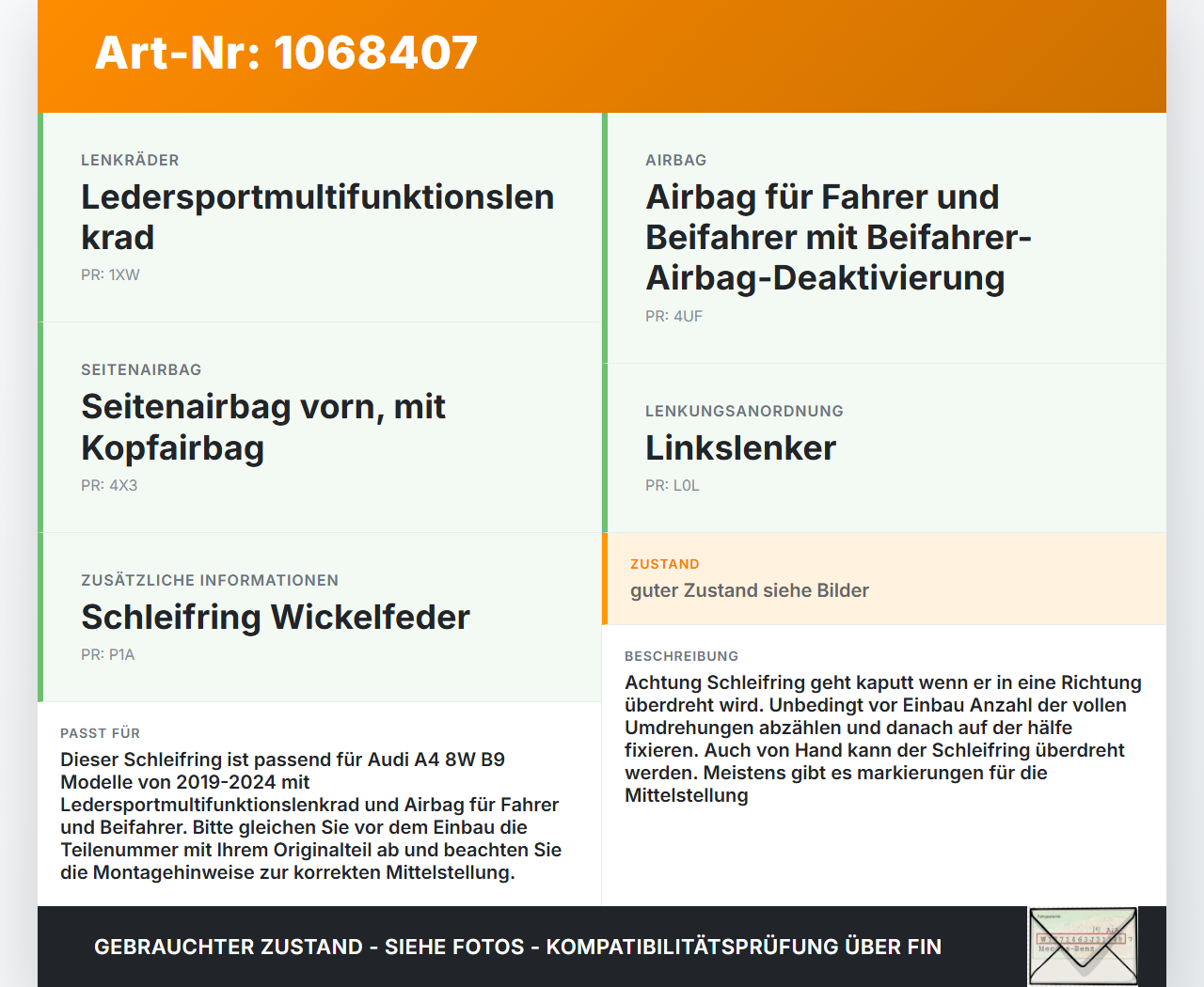 Audi A4 8W B9 19-24 Airbag Schleifring Wickelfeder Audi A4 8W B9 19-24 18.12.2015 10098892-08 01391OKE000J1 gebraucht Vorschau 3
