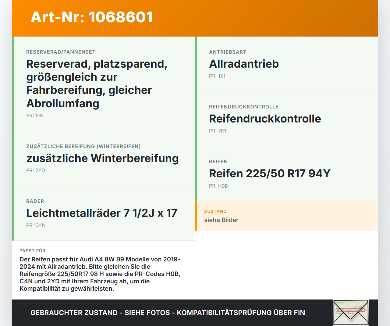 Audi A4 8W B9 19-24 1 x Reifen Winterreifen Dunlop 225/50R17 98 H Audi A4 8W B9 19-24 18.12.2015 gebraucht Vorschau 3
