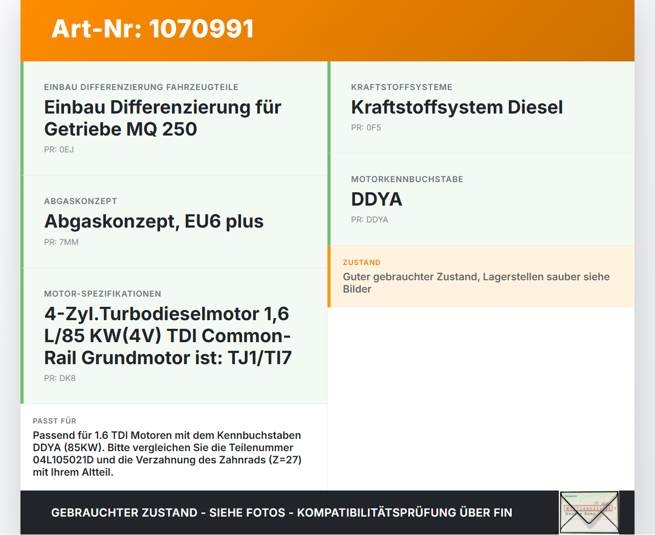 Skoda Octavia 17-20 1,6 85KW DDYA Kurbelwelle Z=27 Skoda Octavia 17-20 09.11.2017 04L105021D gebraucht Vorschau 3
