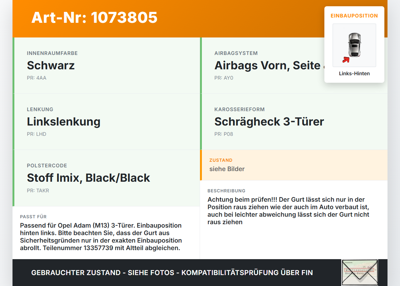 Opel Adam M13 13-19 3T Gurt Sicherheitsgurt Links Hinten Opel Adam M13 13-19 01.01.2015 13357739 09119291 34127647... Vorschau 3