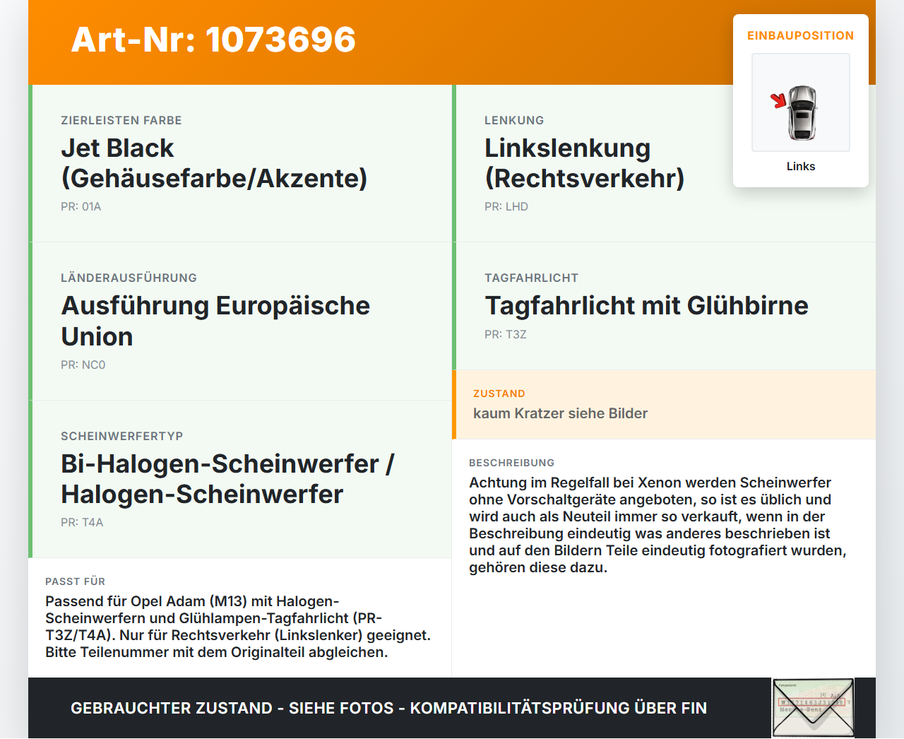Opel Adam M13 13-19 Scheinwerfer Frontscheinwerfer Links Opel Adam M13 13-19 01.01.2015 13354568 VPDH9X-13006-AG... Vorschau 3