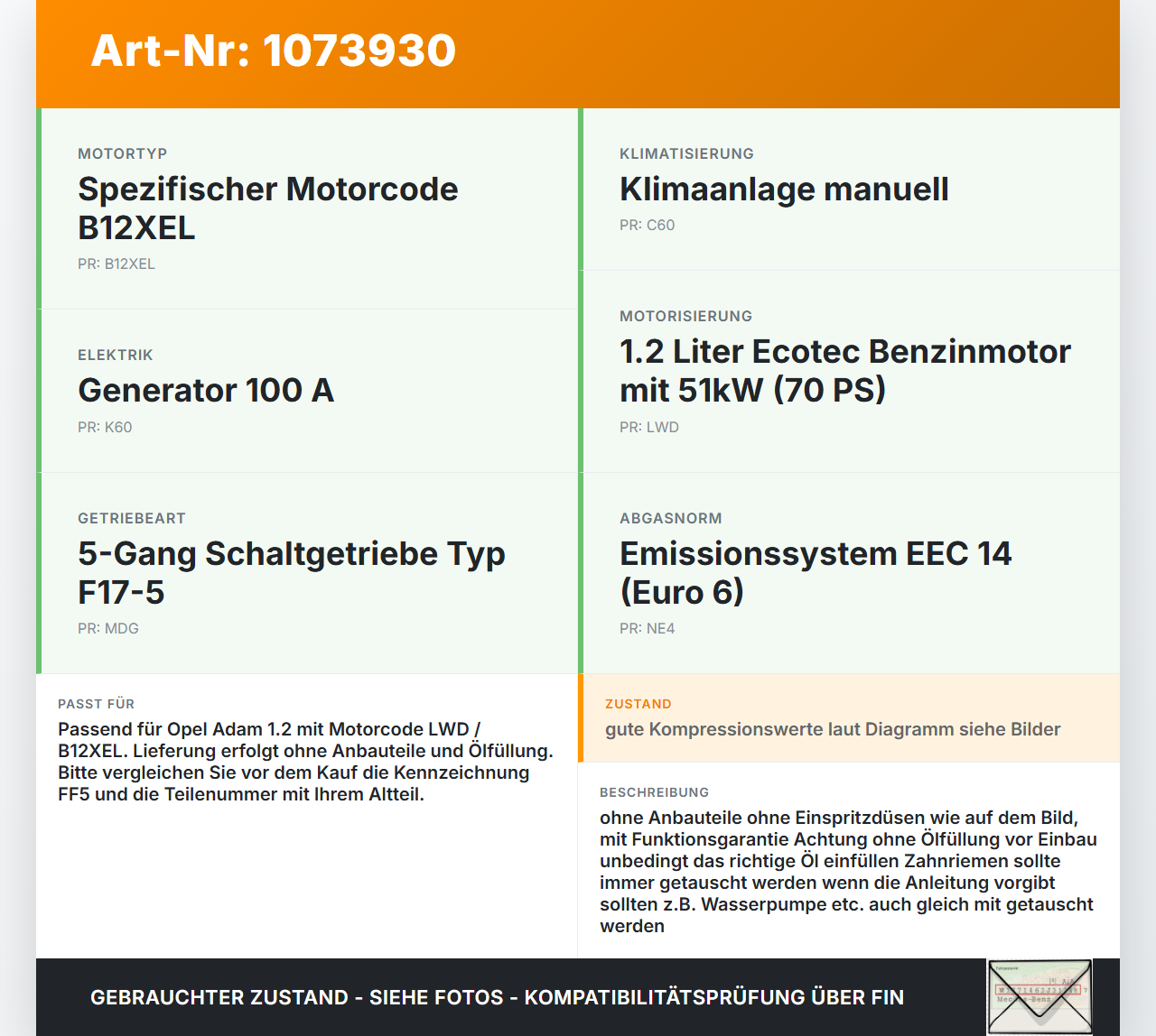 Opel Adam M13 13-19 1.2 51KW B12XEL Motor Triebwerk Opel Adam M13 13-19 01.01.2015 55597730 5600638 55594482 gebraucht Vorschau 3
