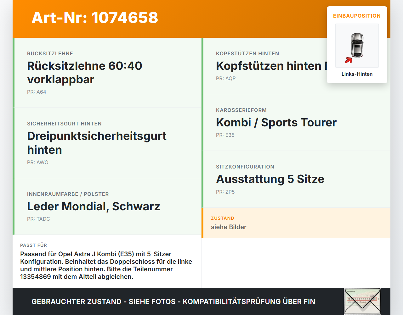 Opel Astra J 12-18 Kombi Gurtschloss Links und Mitte Hinten Opel Astra J 12-18 01.01.2013 13354869 40-126-6978... Vorschau 3