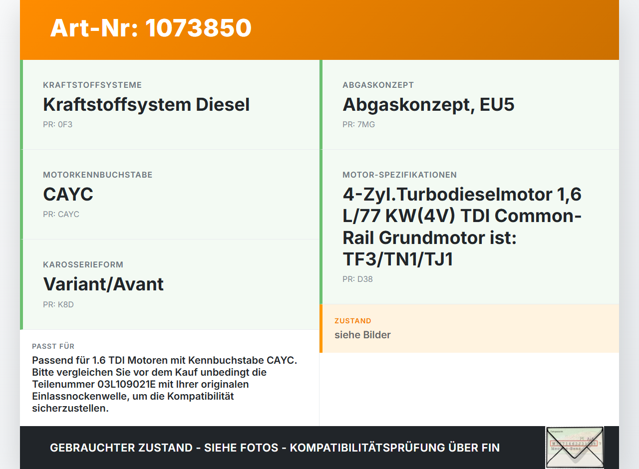 VW Golf 6 VI Variant 08-13 TDI 1,6 77KW CAYC Nockenwelle Einlass VW Golf 6 VI Variant 08-13 16.03.2011 03L109021E... Vorschau 3